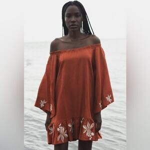 JUAN DE DIOS‎ Mexico Lindo Linen Mini Dress Embroidered SIZE XS Terracotta